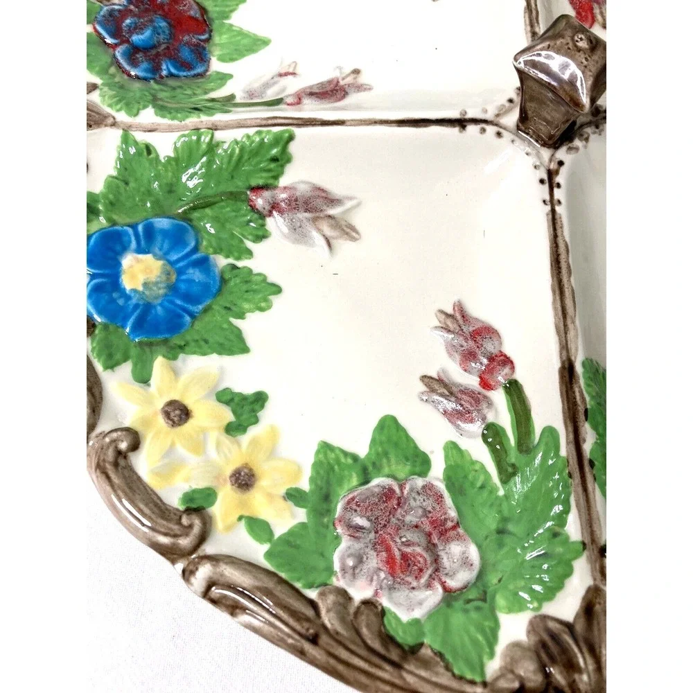 Vtg Ceramic Divided Serving Platter Plate Hand Painted Floral Cottage Country